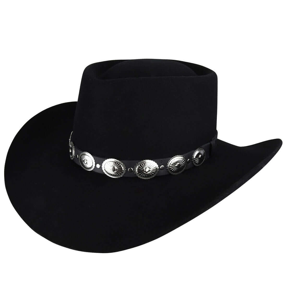 Ellsworth Bailey Old West Style Wool Western Hat in black with silver Concho band, featuring a teardrop crown and wide brim.