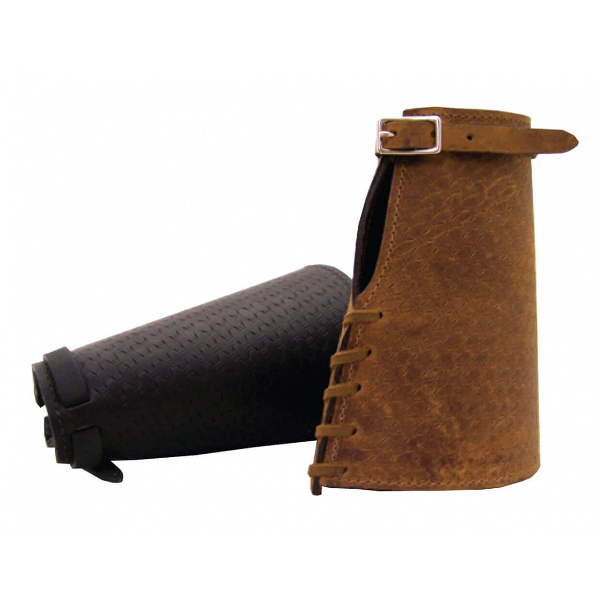 A pair of brown leather roping cuffs with black accents, featuring an adjustable buckle and tie.