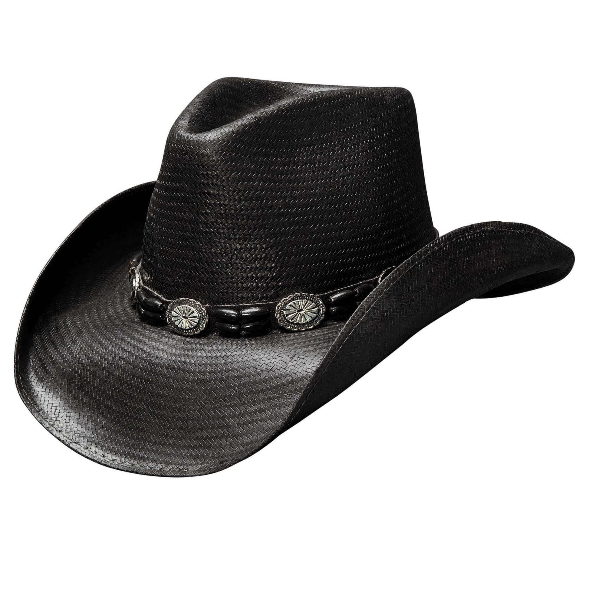 Black cowboy hat with decorative band on a white background