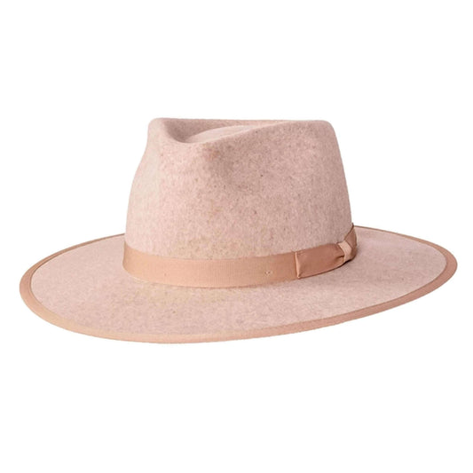Beige fedora hat with a brown band on a white background
