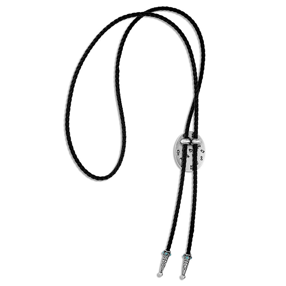 A black braided bolo tie necklace with a silver-toned oval buckle and decorative metal tips, shown on a plain white background.