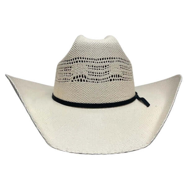 Beige cowboy hat with a black band on a white background