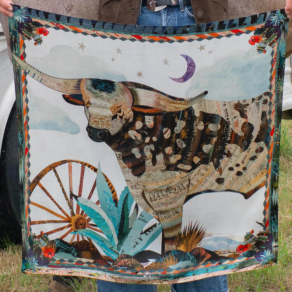 Broken Spoke Western Silk Wild Rag featuring a longhorn steer design by Dolan Geiman, 35x35 inch silk scarf.