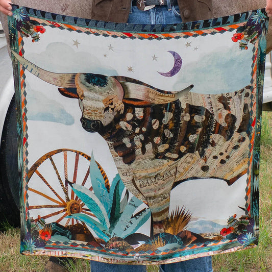 Broken Spoke Western Silk Wild Rag featuring a longhorn steer design by Dolan Geiman, 35x35 inch silk scarf.