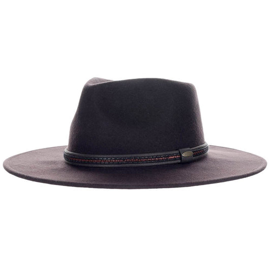 A dark brown felt wide-brim hat with a matching band featuring red stitching and a small metal emblem, shown against a plain white background.
