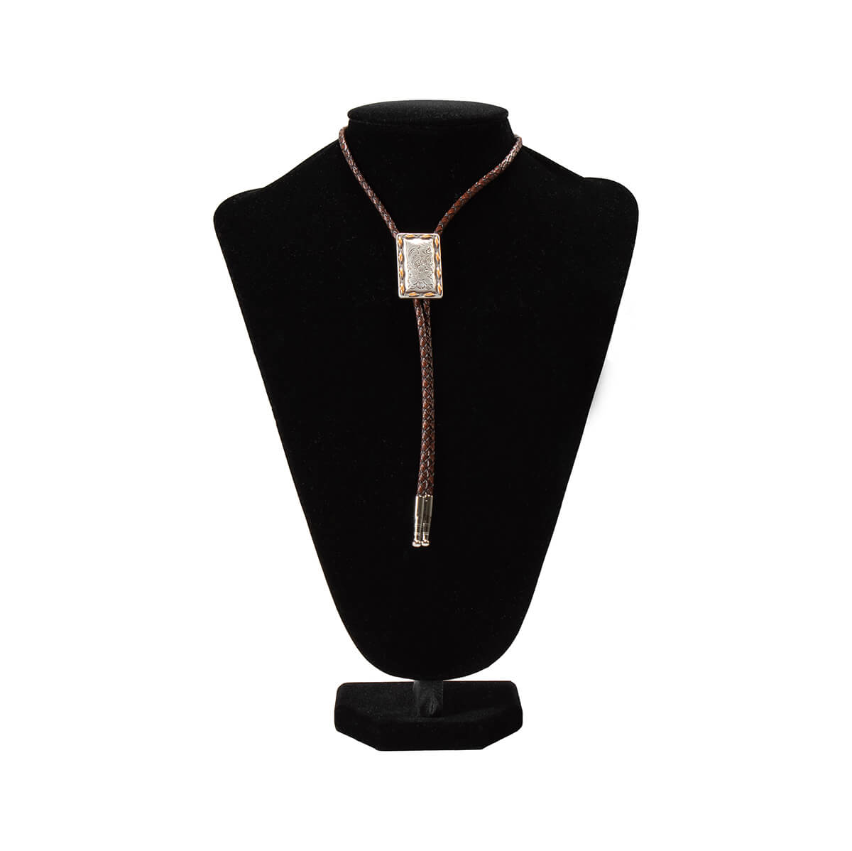 Bolo Tie on a black mannequin bust with a white background