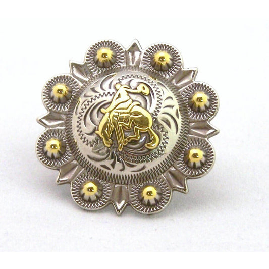 Secure your wild rag with a Cattle Kate Scarf Slide. This design features a brass bucking bronco on solid nickle. An etched design and scalloped border surrounds the round slide measuring 1 1/2" diameter this slide is sure to last.