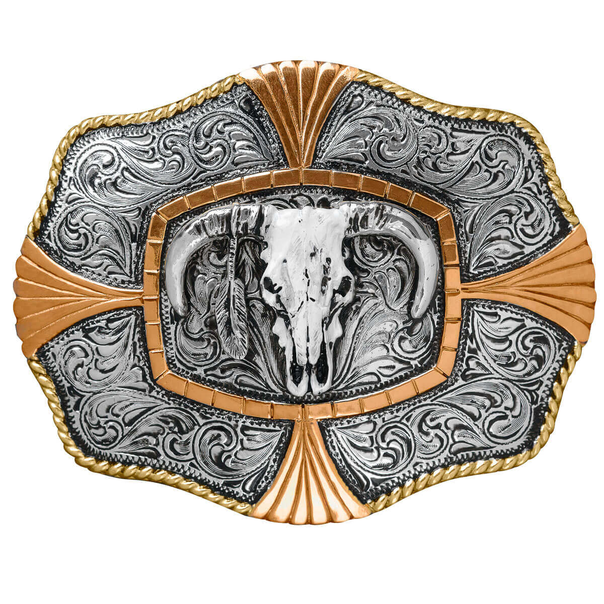 A detailed bull skull with intricate scrolling will make you love this buckle. Rope edging perfectly complements this buckle. Tuff Guard coating guarantees the finish and craftsmanship. Add a distinctive accent to your favorite belt. Measures 3-¾” x 4-¼”.&nbsp; 