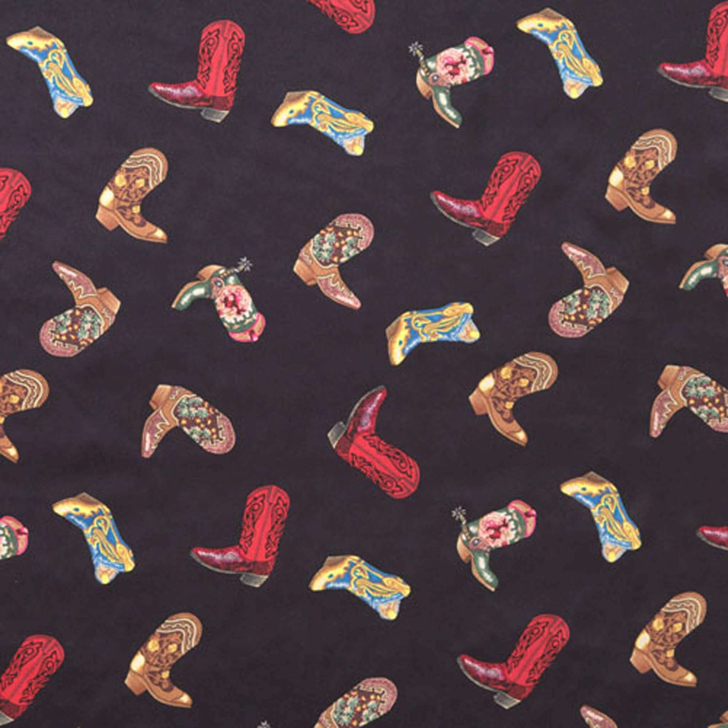Colorful cowboy boots on a black background featured on a Cowboy Boot Print Western Silk Scarf.