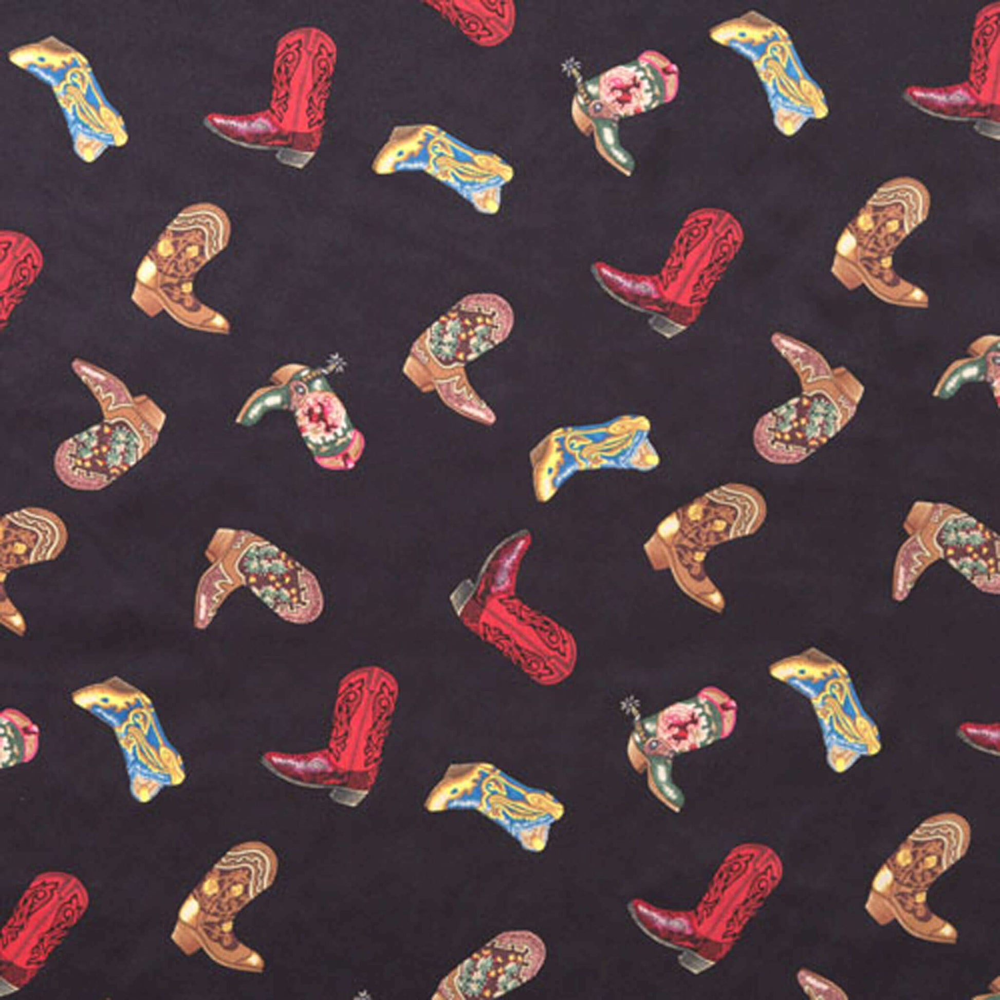 Colorful cowboy boots on a black background featured on a Cowboy Boot Print Western Silk Scarf.