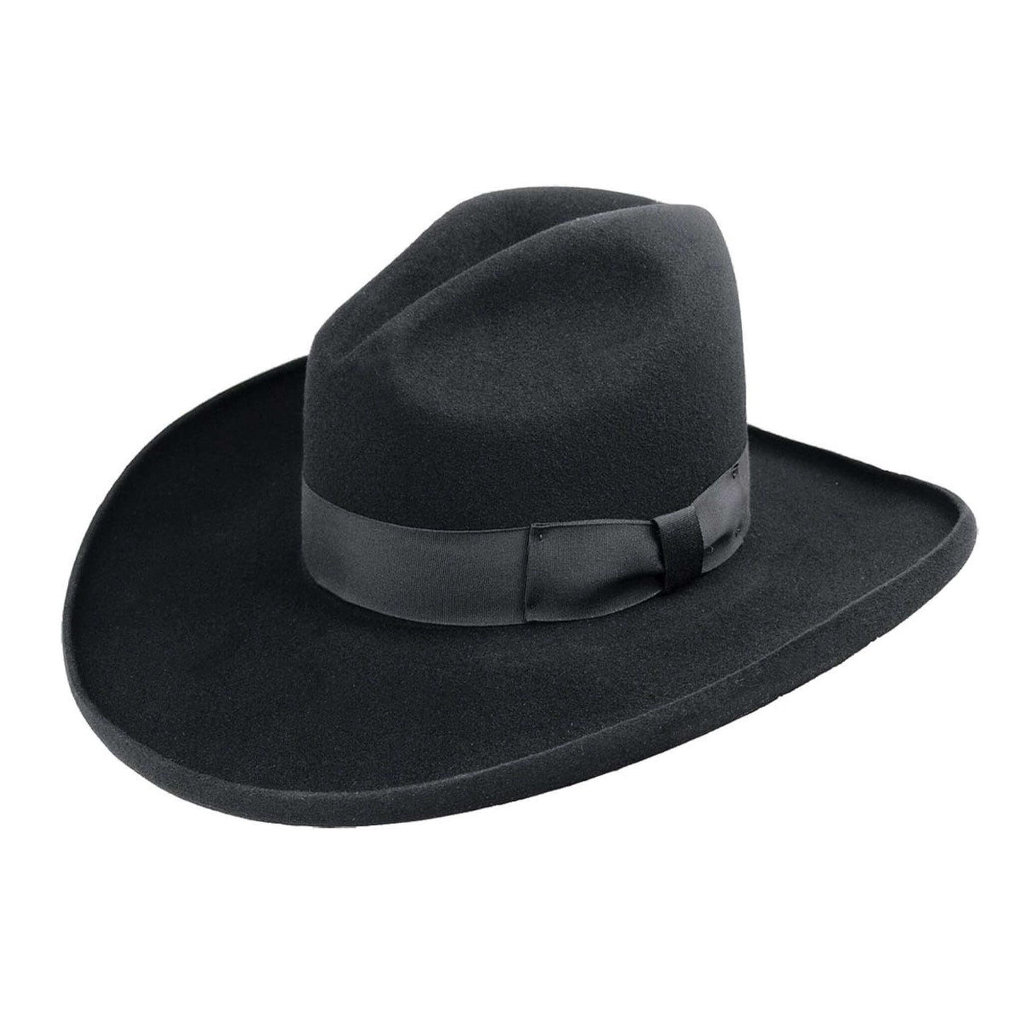 Black cowboy hat with a wide brim on a white background