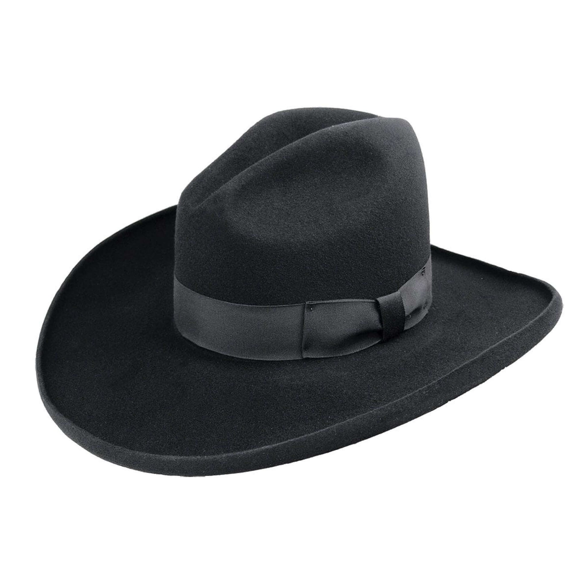 Black cowboy hat with a wide brim on a white background
