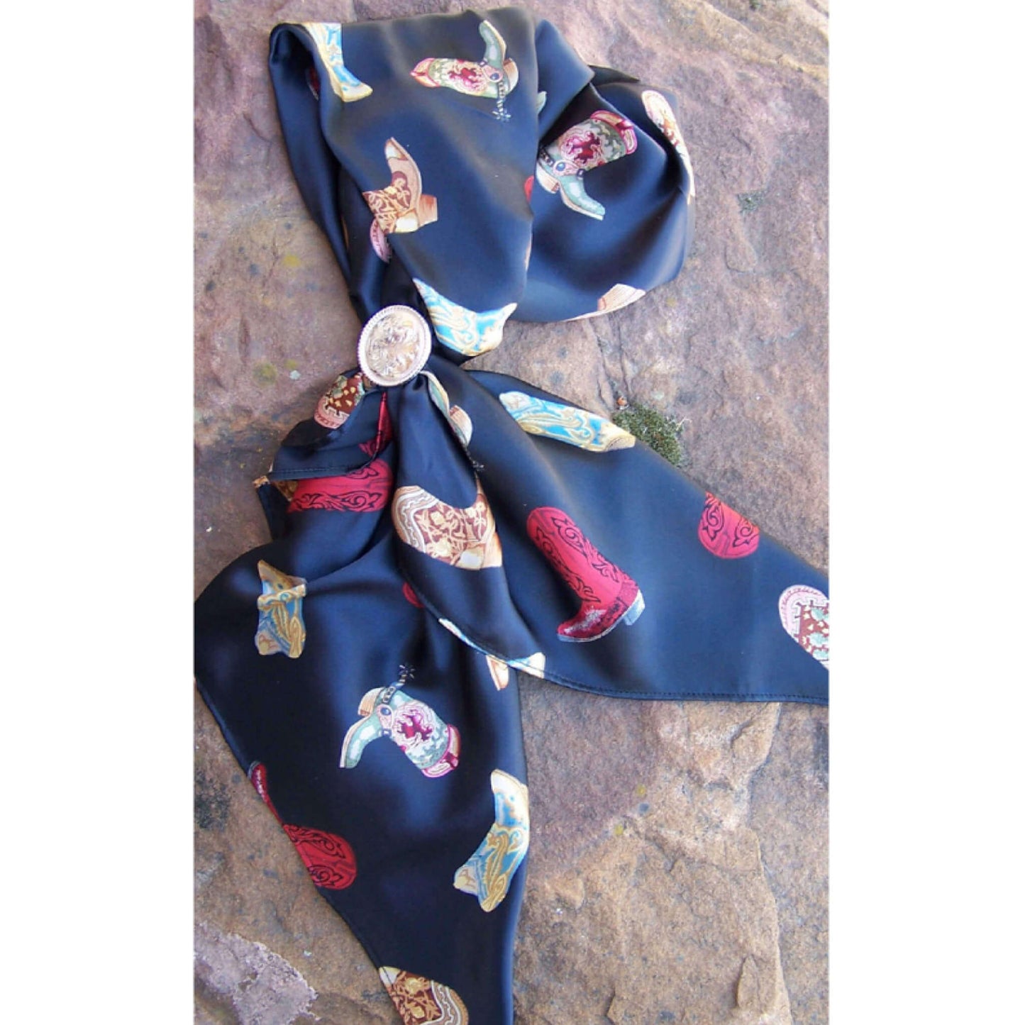 Cowboy Boot Print Western Silk Scarf featuring colorful boot prints on a black background, 35" square.