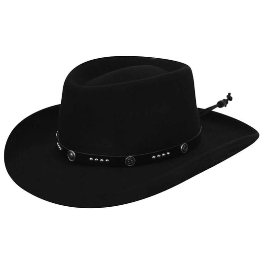 Cassidy Western Frontier Felt Crushable Hat with black leather band and studs, featuring a telescope crown and wide brim.