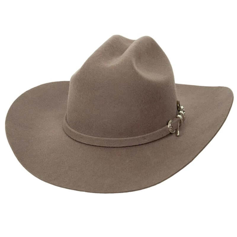 Grey cowboy hat with a belt on a white background
