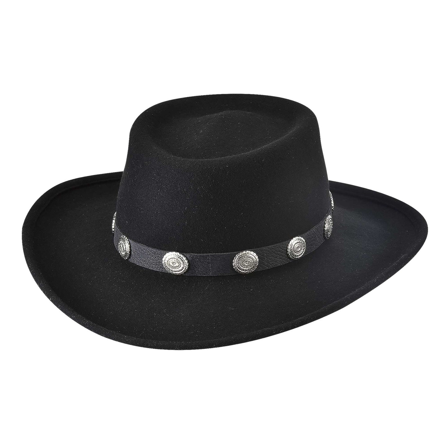 Black cowboy hat with decorative band on a white background
