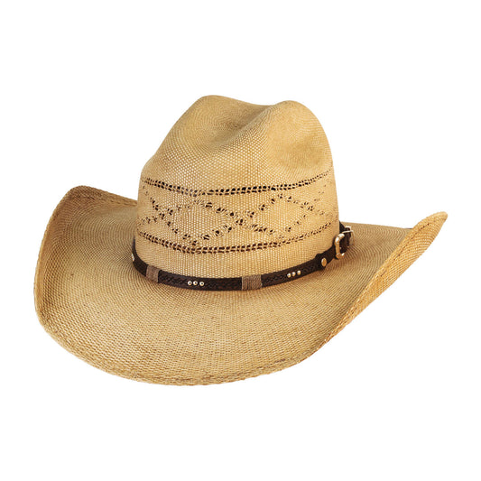 Beige cowboy hat with a black band on a white background