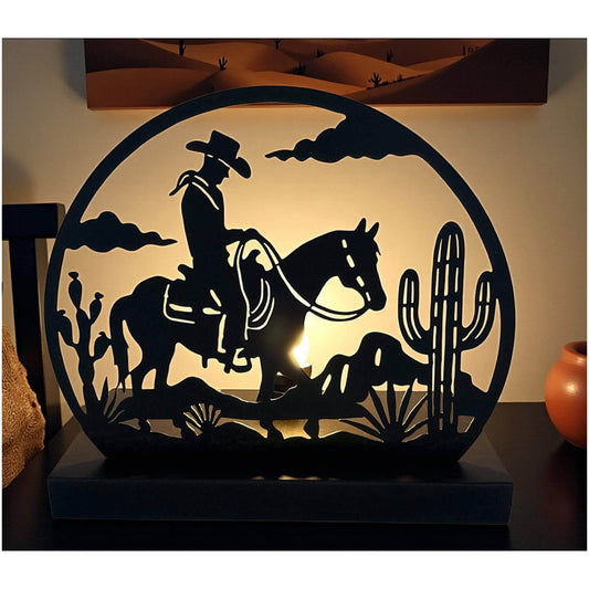 Cowboy Rider & Cactus Western Table Night Light illuminating a silhouette of a cowboy on a horse with cactus background.