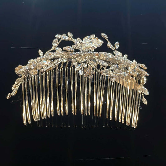 Crystal Victorian Romantic Bridal Hair Comb featuring delicate rhinestone flowers and leaves on a sturdy comb.