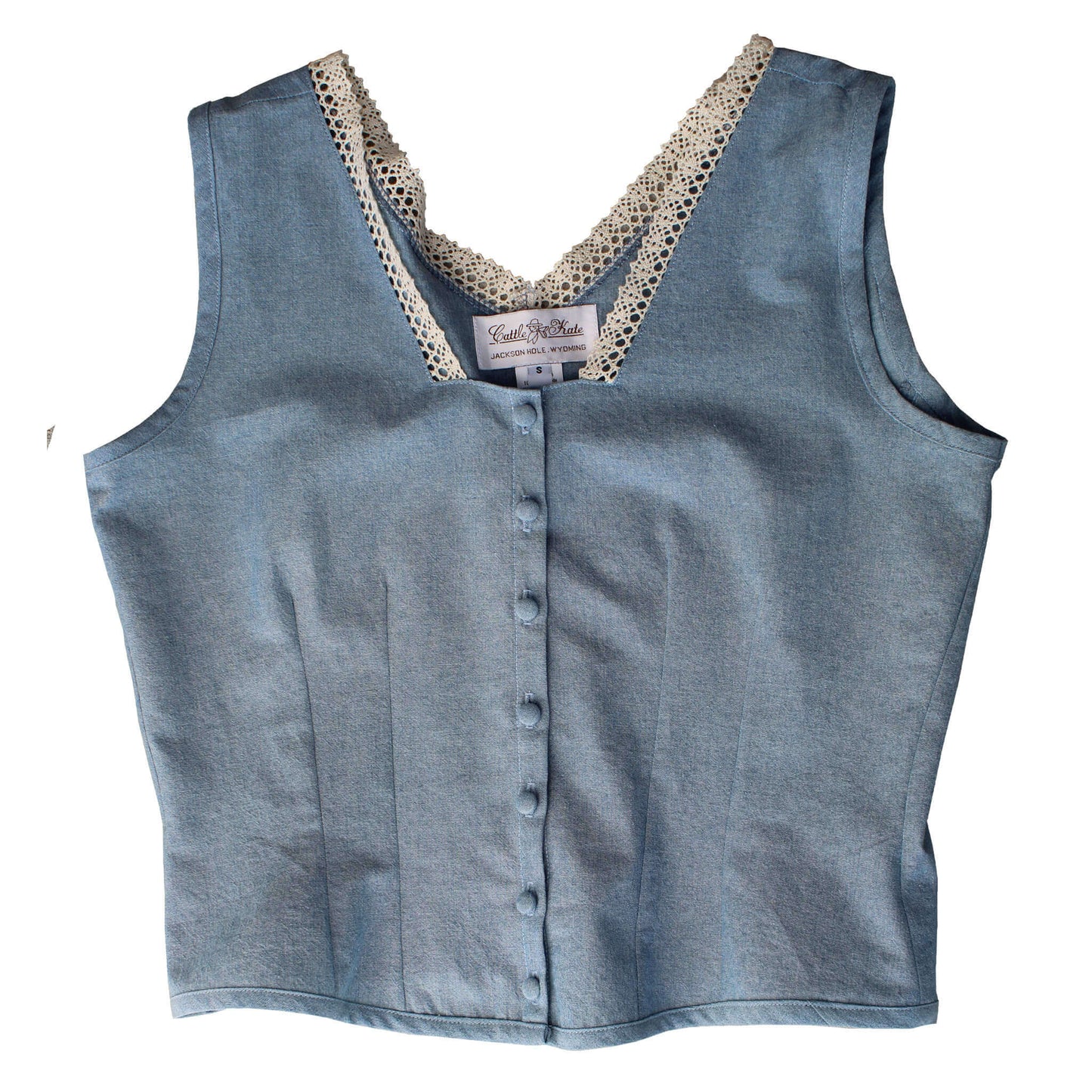 Denim Blue Corset Cover Western Blouse with lace trim and covered buttons, made of cotton/rayon blend fabric.