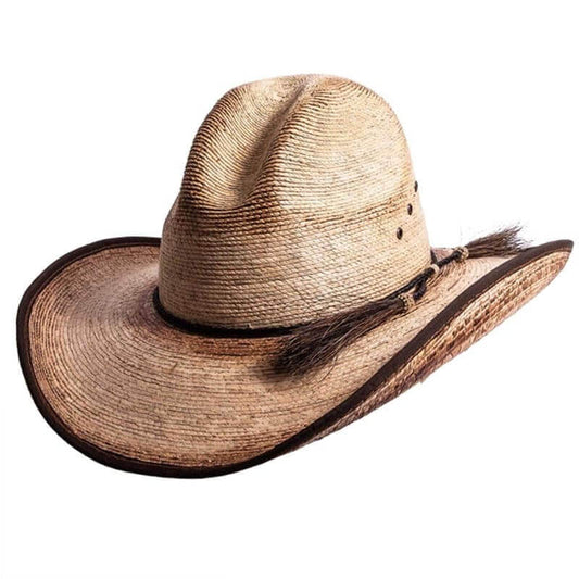 Brown straw cowboy hat with a feather on a white background