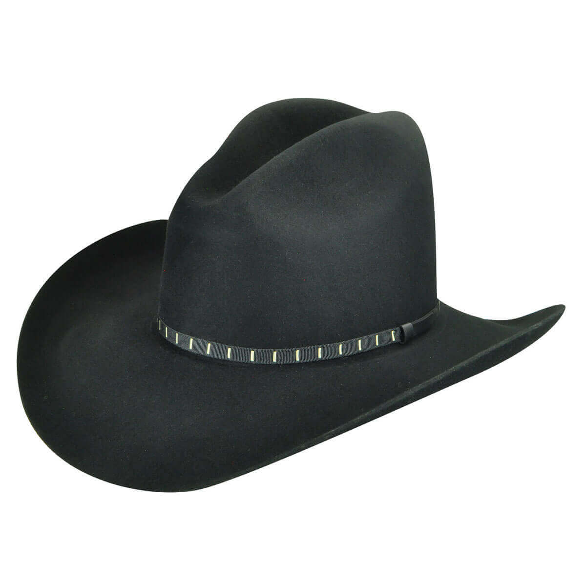 Elbridge 3X Wool Cowboy Hat in black with a custom leather and ribbon band, featuring a Gus style crown and a 4-inch brim.