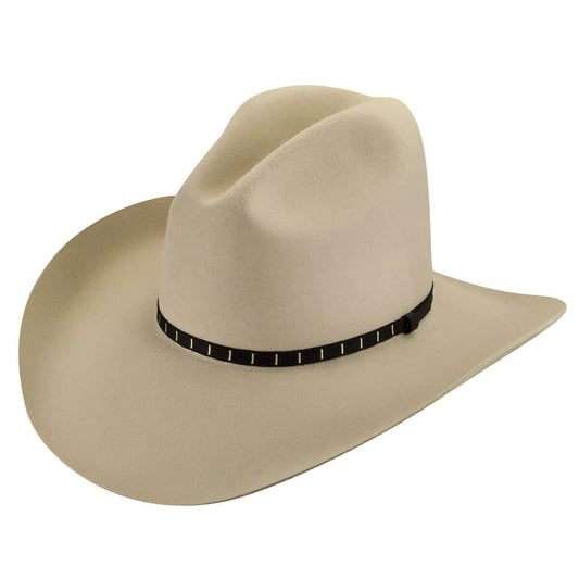 Beige cowboy hat with a black band on a white background
