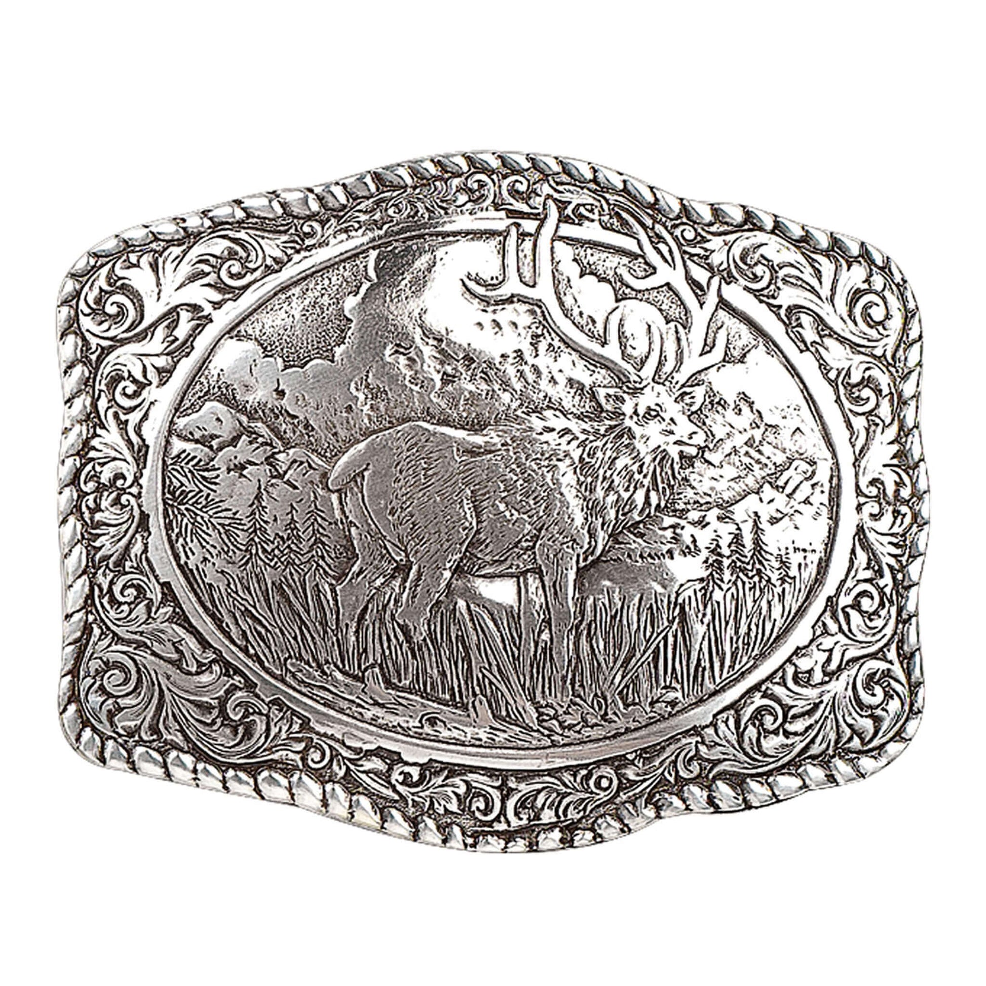 Elk Country Men's Western Belt Buckle with vintage design and rope edge featuring an elk engraving.
