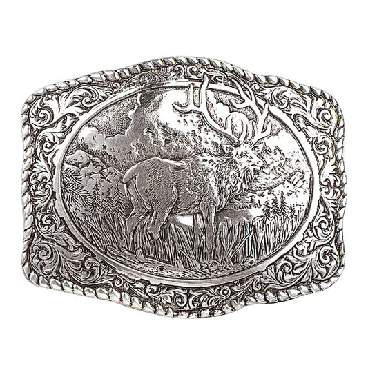 Elk Country Men's Western Belt Buckle with vintage design and rope edge featuring an elk engraving.