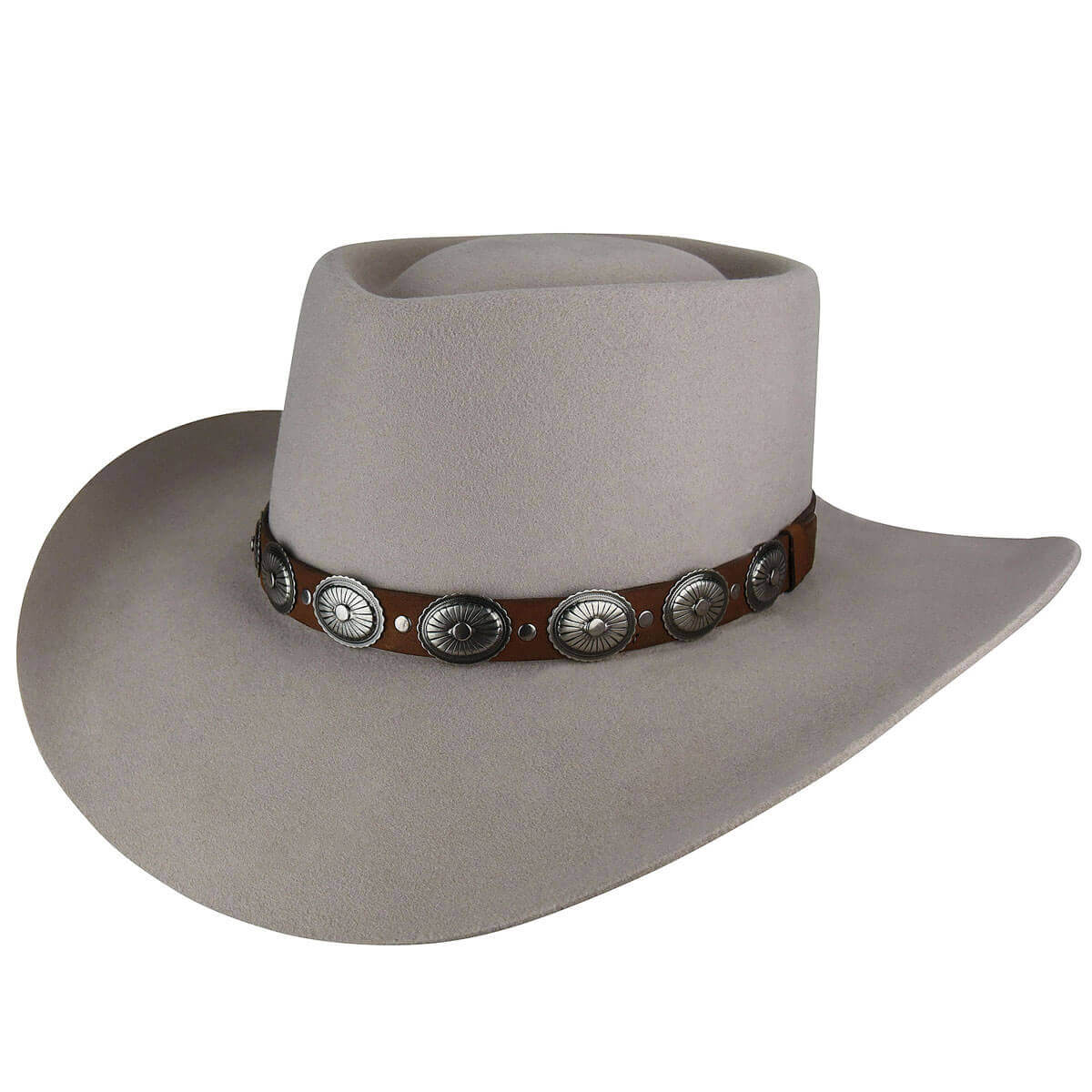 Ellsworth Bailey Old West Style Wool Western Hat in mist color with brown leather and silver Concho band.