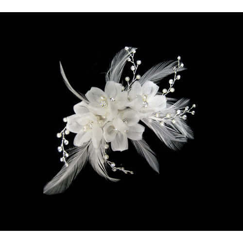 Flower & Feather Pearl Wedding Pin featuring fabric flowers, seed beads, and feathers on a black background.
