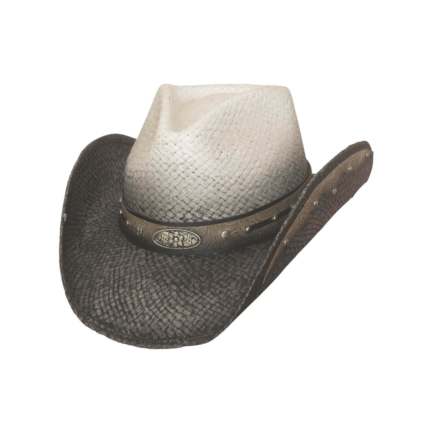 Two cowboy hats with different brim colors on a white background