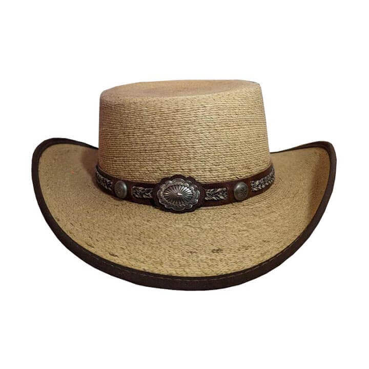 Beige cowboy hat with brown leather band and decorative buckle on a white background