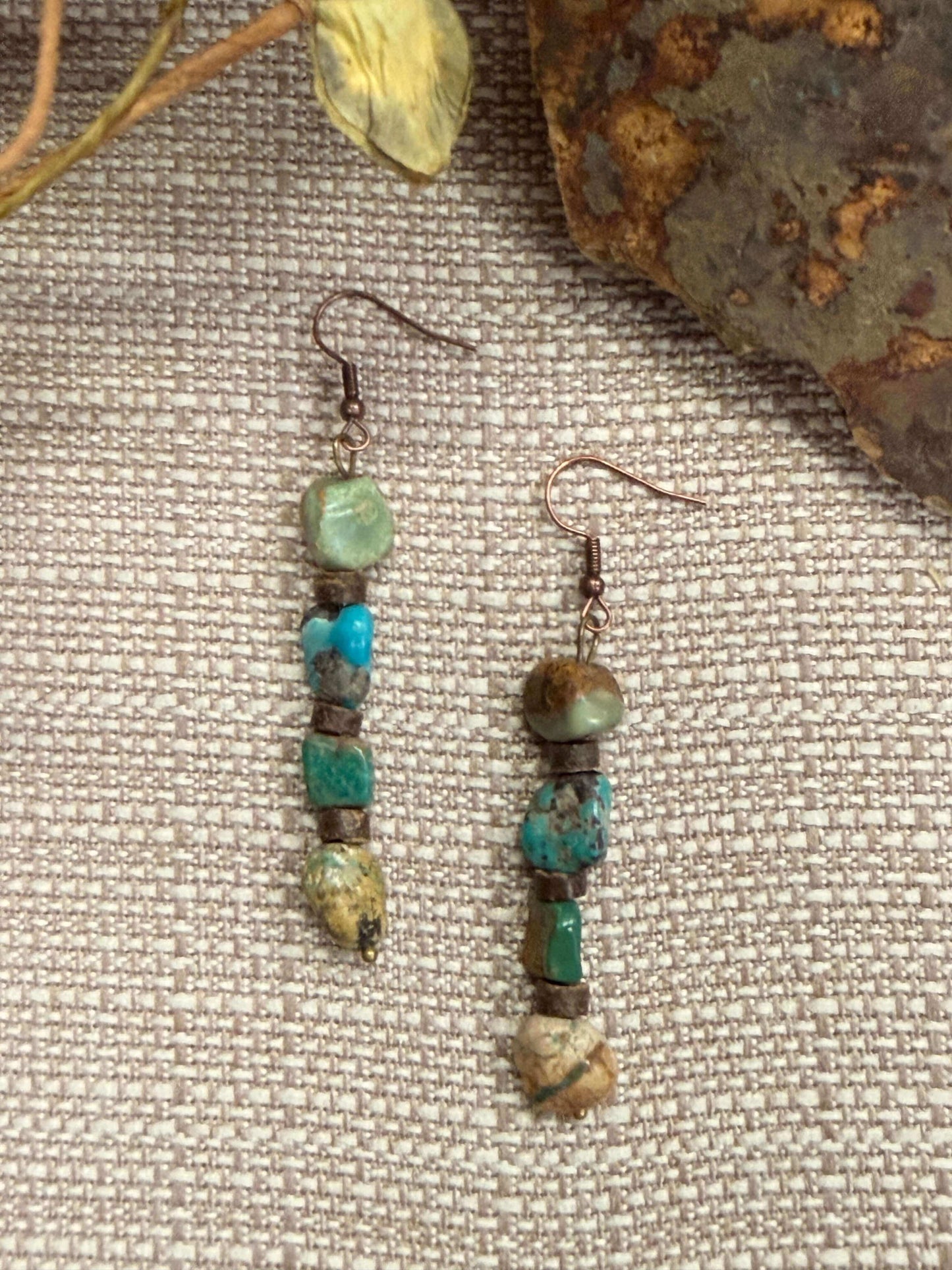 Genuine Hubei Turquoise & Wood Dangle Earrings