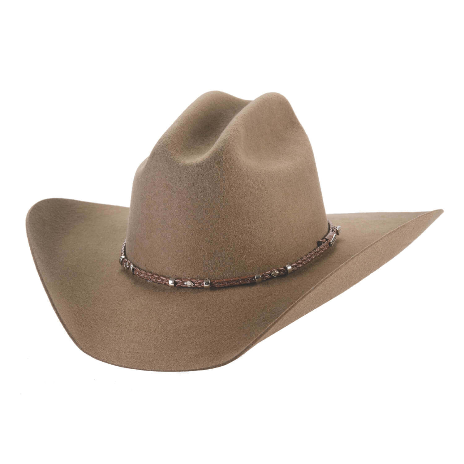 Brown cowboy hat with a decorative band on a white background