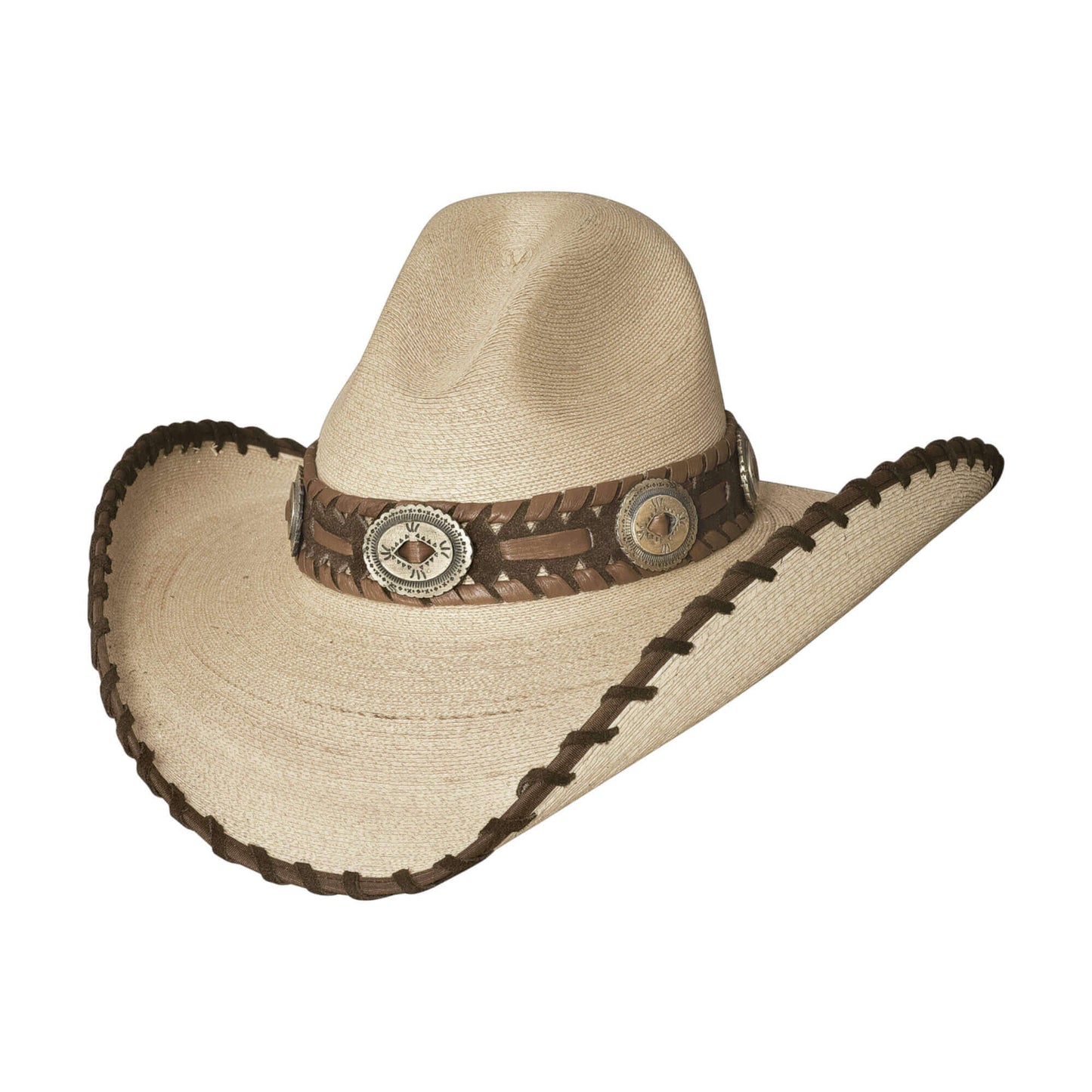 Beige cowboy hat with brown band and decorative buckle on a white background