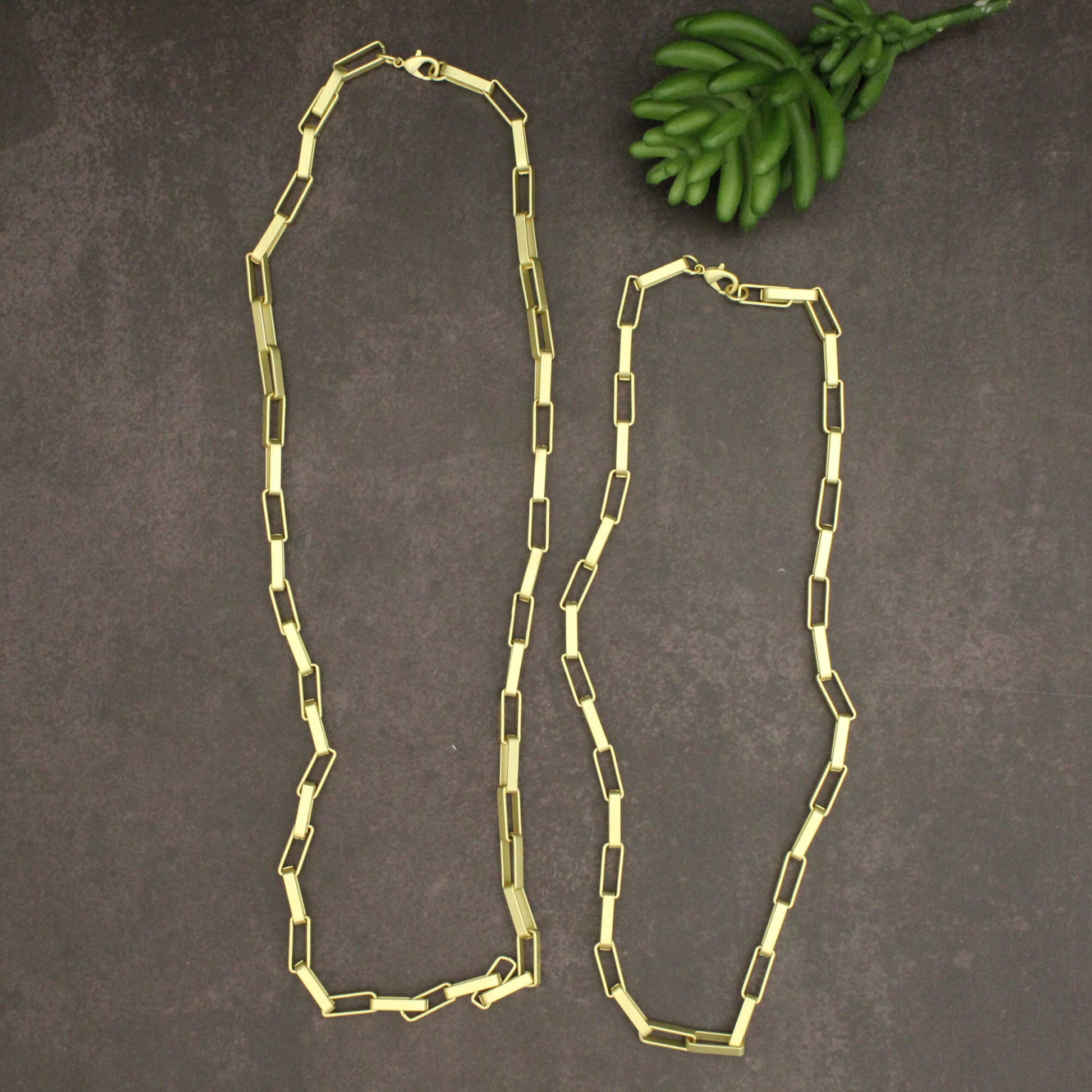 Gold chain necklace on a dark surface with green leaves.