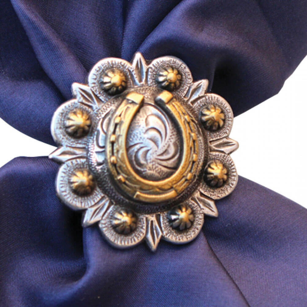 Horseshoe Concho Western Scarf Slide featuring brass horseshoe on berry concho, perfect for securing wild rags.