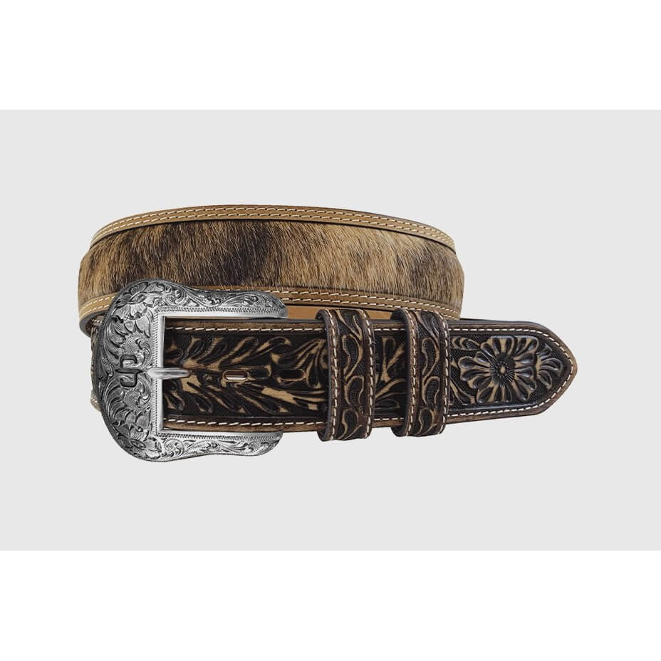 A western-style belt with a brown and black hair-on-hide strap, dark brown tooled leather, and a silver engraved buckle, shown on a light gray background.