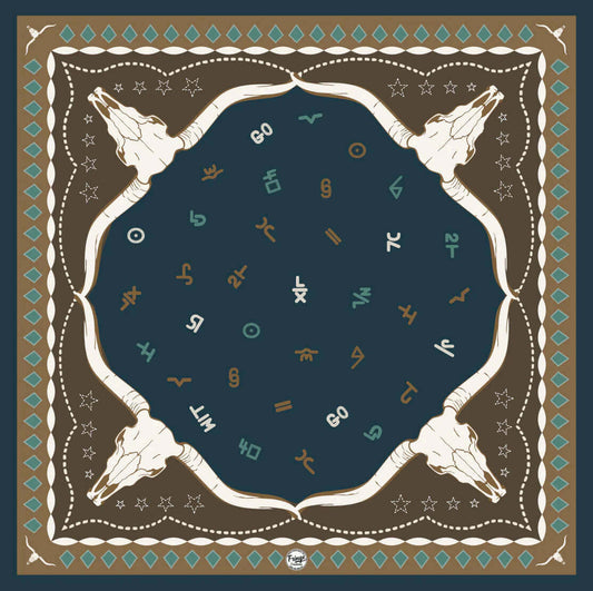 Hooked Longhorn Western Silk Scarf featuring longhorn skulls and classic cattle brands in a stylish design.