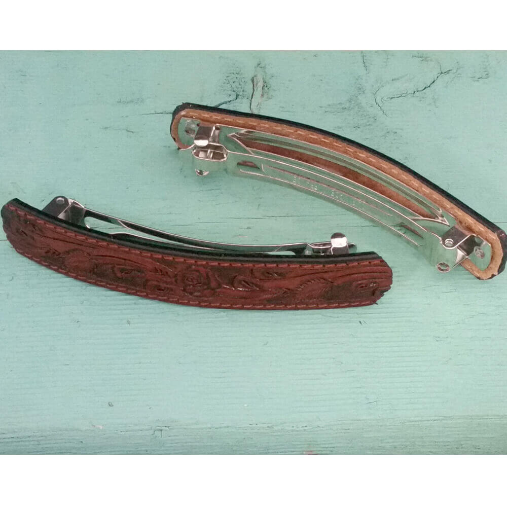 Leather Embossed Western Barrettes featuring floral design on rich brown leather.