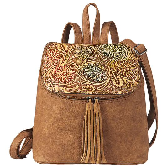 Brown leather backpack with floral embroidery and tassel on a white background