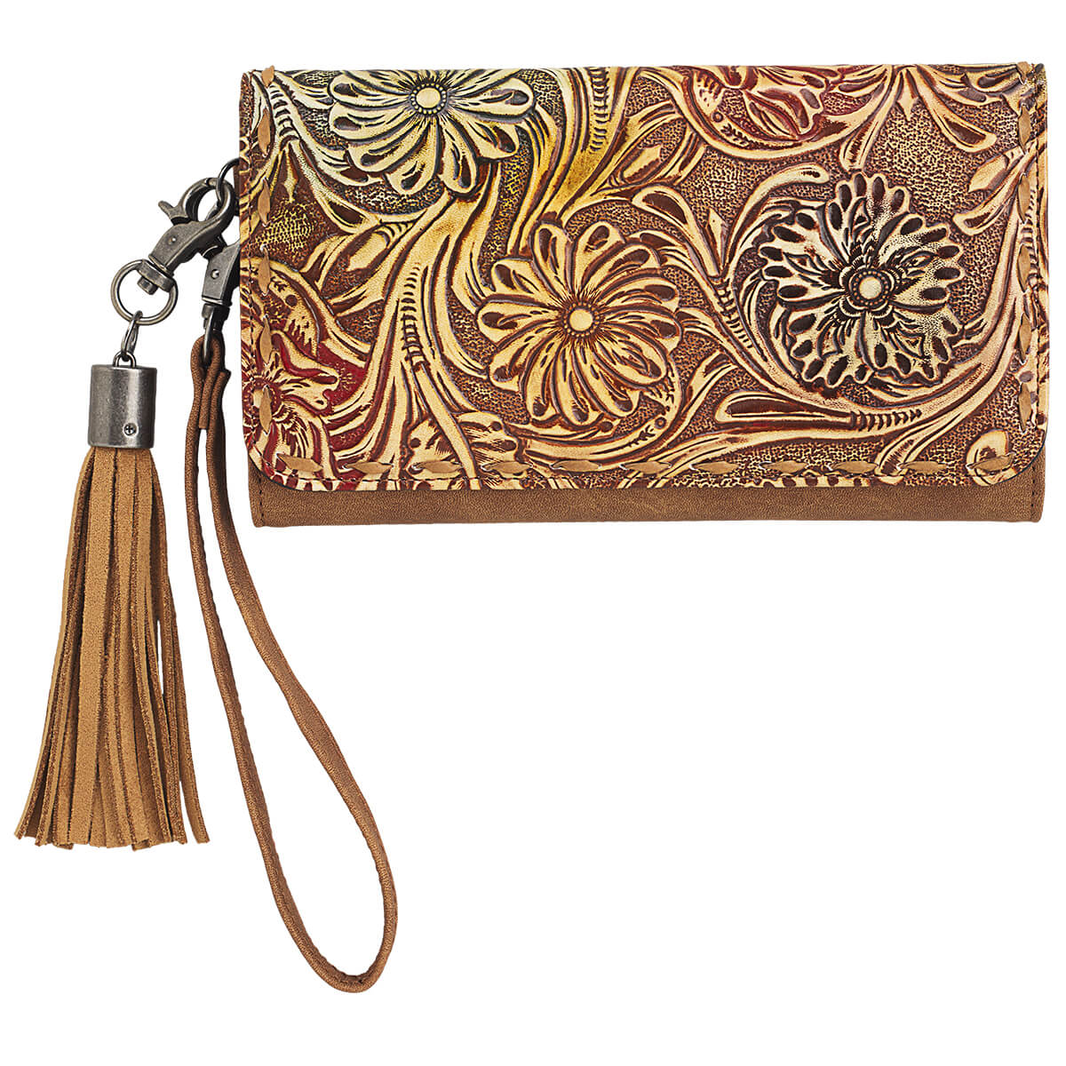 A brown leather wristlet wallet with an embossed floral pattern in gold, bronze, and brown tones, featuring a tan leather tassel and a matching wrist strap on a white background.