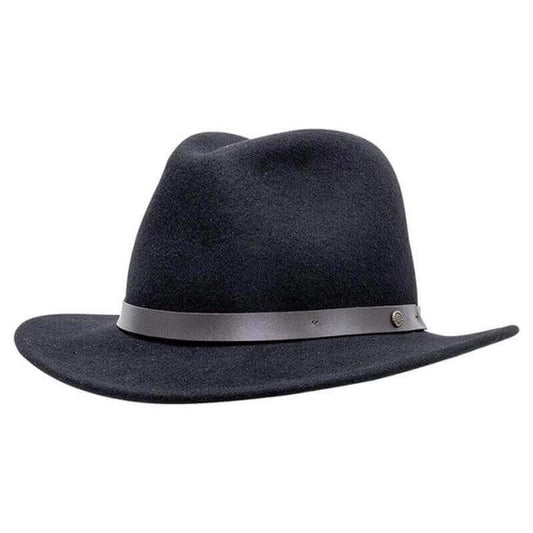Black fedora hat with a leather band on a white background