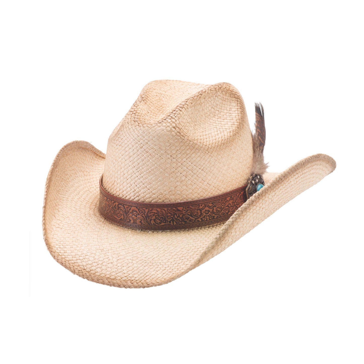 Beige cowboy hat with a brown band on a white background