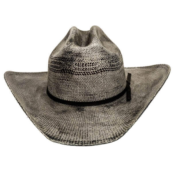 Straw cowboy hat with a black band on a white background