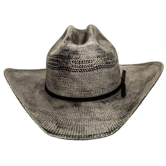 Straw cowboy hat with a black band on a white background