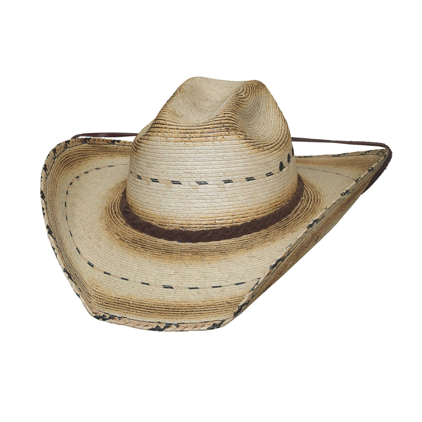 Straw cowboy hat with a wide brim on a white background