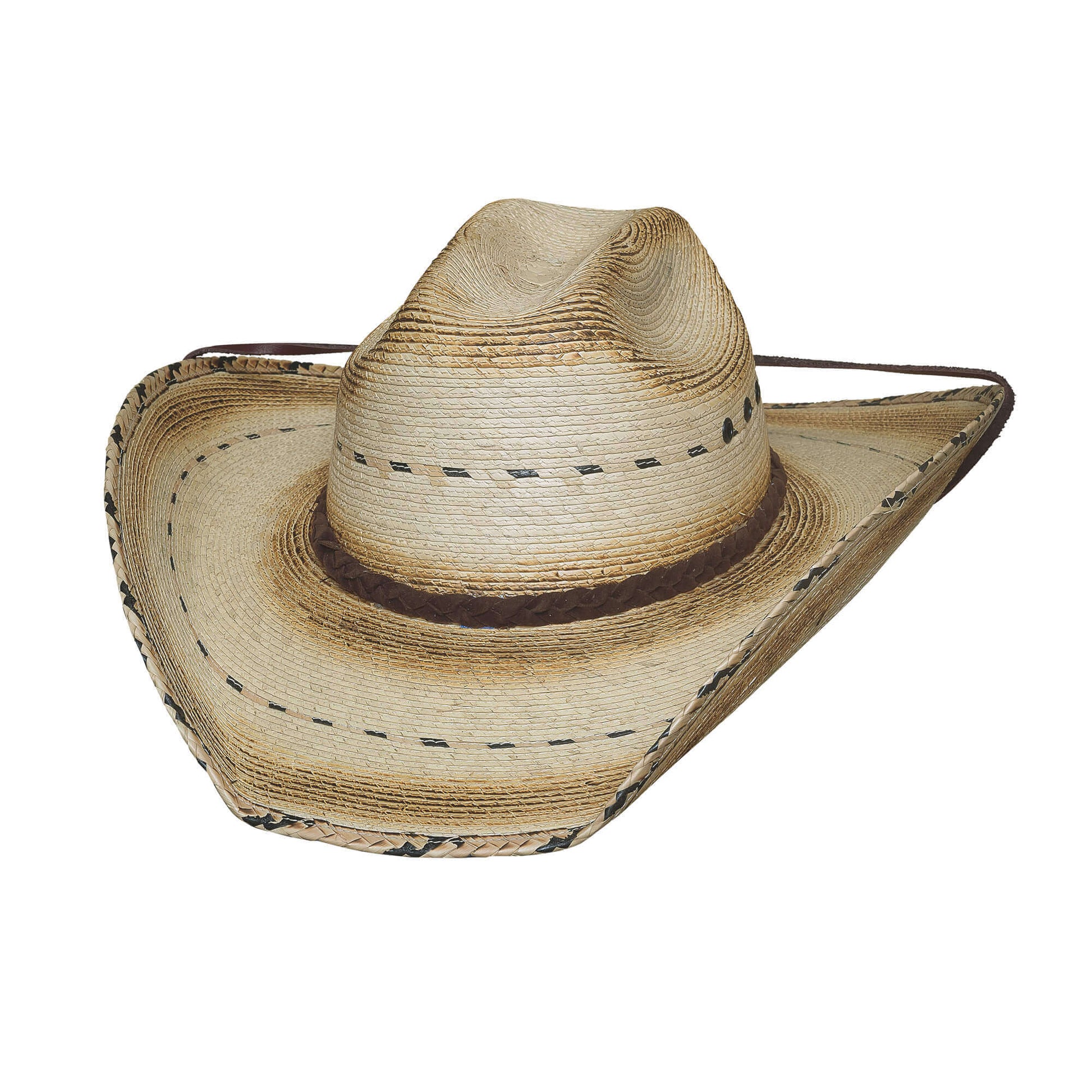 Straw cowboy hat with a wide brim on a white background