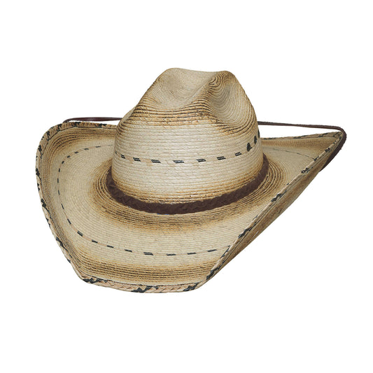 Straw cowboy hat with a wide brim on a white background